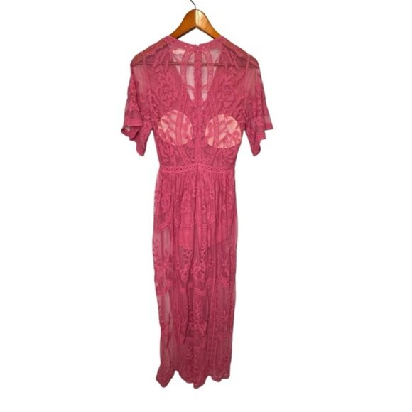 Honey Punch Pink Lace Romper Maxi Dress Size Small Plunging Neckline Feminine - Picture 8 of 15
